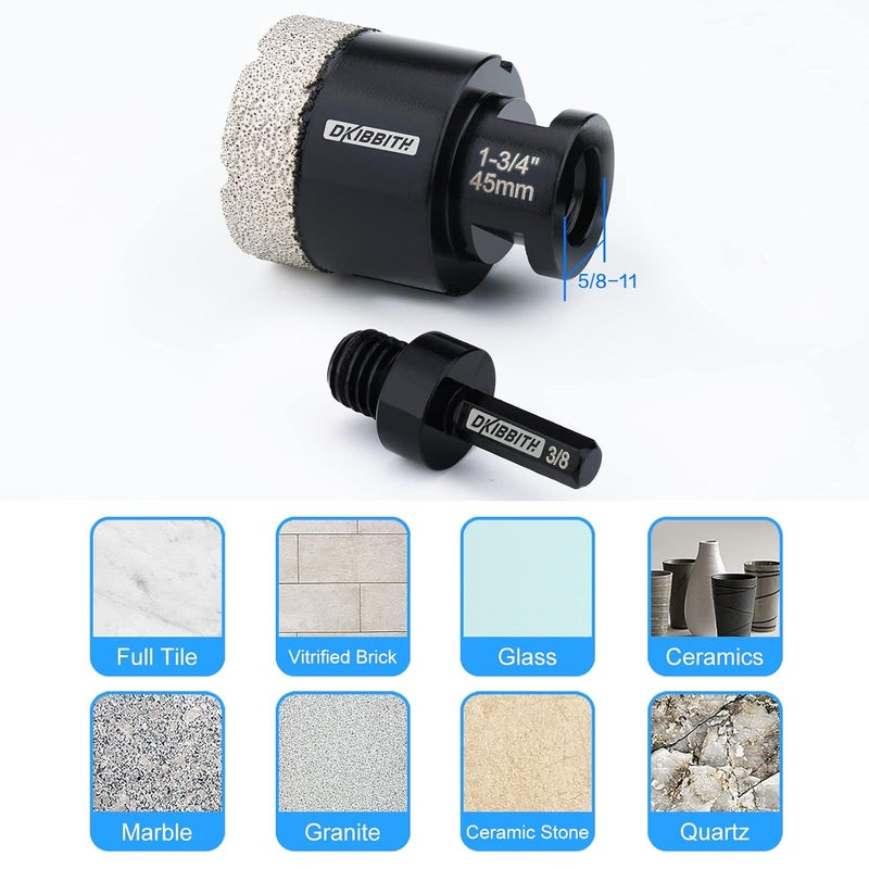 DKIBBITH 1-3/4'' Diamond Hole Saw, Vacuum Brazed Core Bit for Granite Tile Quartzite Marble Concrete Porcelain Ceramic Stones with 5/8-11 Thread Angle Grinders and 3/8” Hex Shank Electric Drills - Image 5